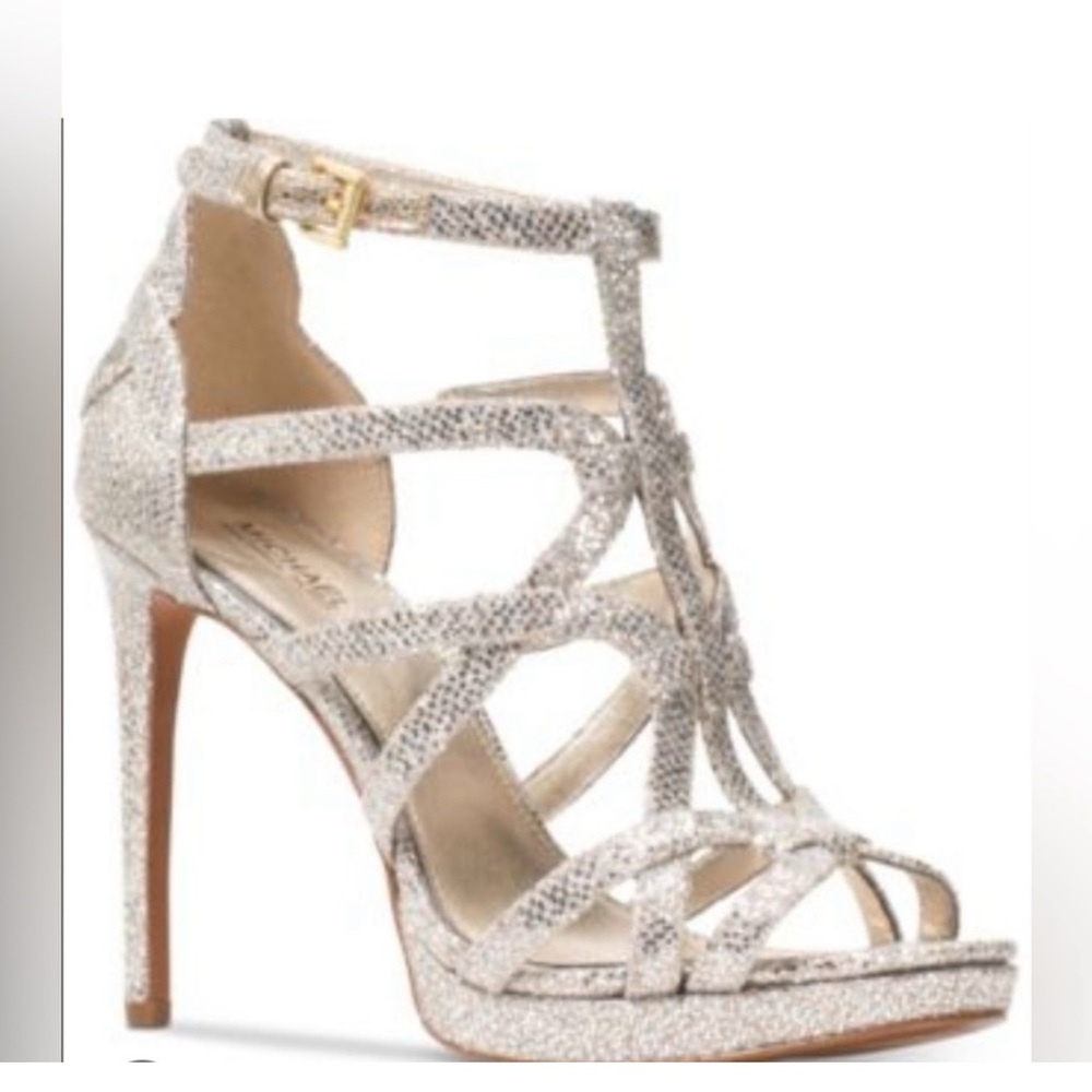 Michael Kors Sandra Champagne Glitter Platform Sandals | Size 8.5